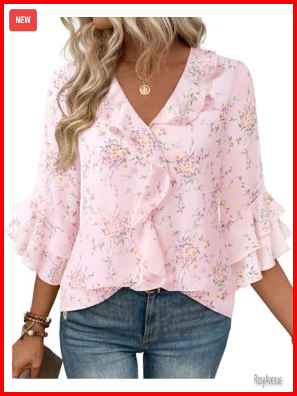 Women Chiffon 3/4 Sleeve Ruffle V-Neck Blouse Business Casual Work Top Loose